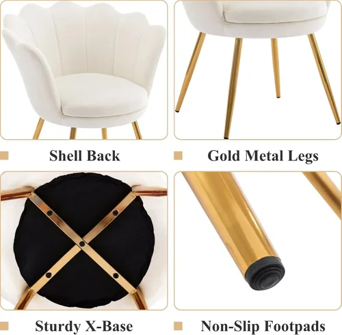 Vista 3 de chairus Silla de tocador de maquillaje blanca crema con respaldo, pequeña silla moderna tapizada de terciopelo con patas de metal dorado, bonita