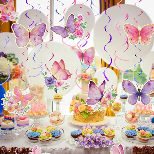 Vista 8 de Pajean 30 piezas de decoraciones de fiesta de mariposas en acuarela púrpura mariposa colgantes decoraciones de remolinos temáticos de verano