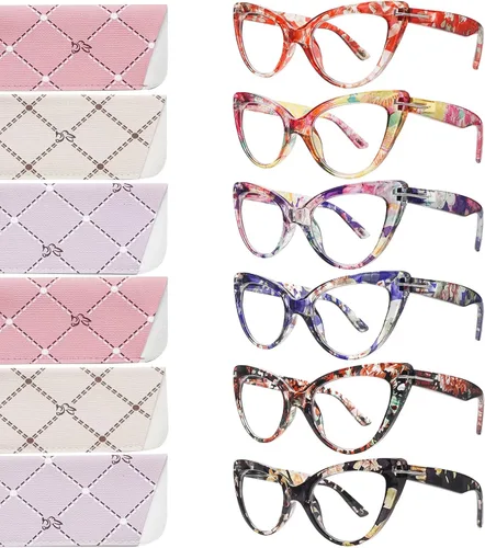 Vista 10 de Pack de 6 gafas de moda de ojo de gato para mujer con bloqueo de luz azul, bisagras de resorte extra grandes, lentes para computadora