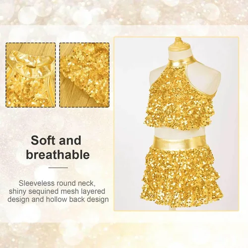 Vista 6 de Traje de baile de 2 piezas de lentejuelas brillantes para niñas y niñas, para baile de jazz latino