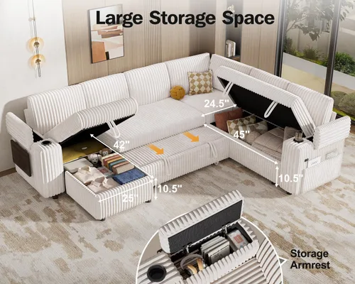 Vista 6 de WEUP Sofá cama modular de 111 pulgadas con cama extraíble, sofá de pana de felpa en forma de L de 7 asientos con diván de almacenamiento, puertos