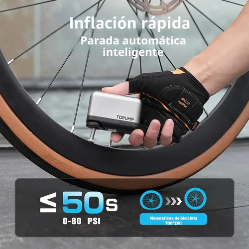 Vista 4 de TOPUMP Tiny Pump Mini bomba de neumáticos para bicicleta con manómetro, bomba de aire eléctrica portátil de 120 PSI, parada automática, batería