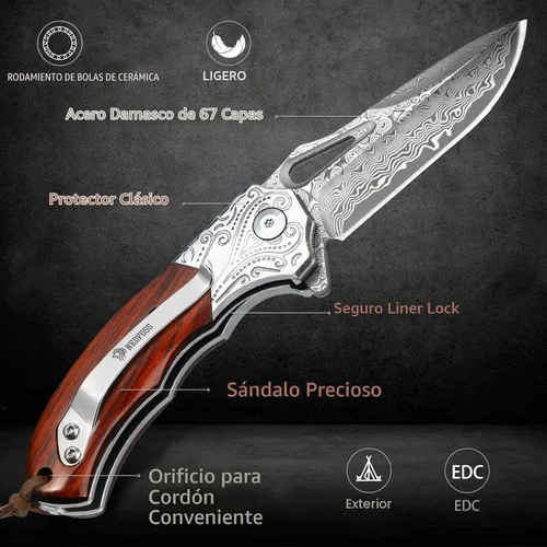 Vista 4 de NedFoss TIGERSHARK Cuchillo de bolsillo de Damasco para hombre, cuchillo plegable de Damasco VG10 forjado a mano de 2.75 pulgadas con mango