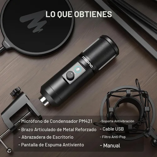 Vista 8 de Kit de micrófono de grabación USB MAONO, micrófono de condensador profesional para PC con silenciamiento táctil y perilla de ganancia de micrófono