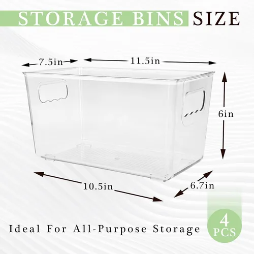 Vista 2 de Paquete de 4 cubos de almacenamiento de plástico transparente con asas, organizador apilable para despensa, refrigerador, debajo del fregadero
