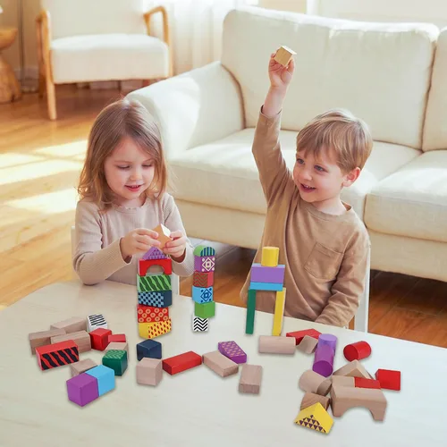 Vista 8 de Offelec Juego de 50 bloques de construcción de madera con cubo de almacenamiento, bloques apilables Montessori y juguetes de clasificación de formas