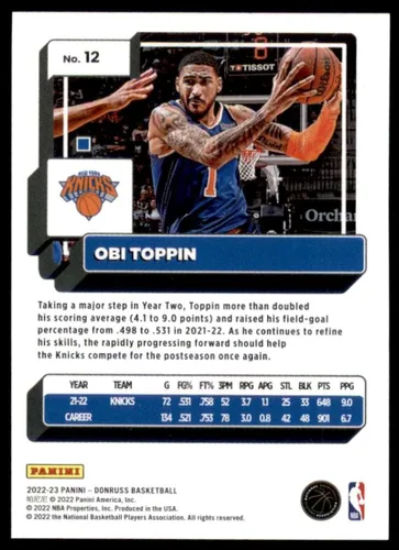 Vista 2 de 2022-23 Donruss #12 Obi Toppin New York Knicks NBA Basketball Trading Card