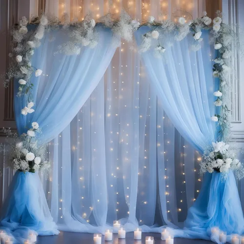 Vista 39 de Cortina de telón de fondo de tul azul bebé de 10 x 8 pies con cadena de luces para fiestas, cortinas de fondo transparentes para bodas, baby shower