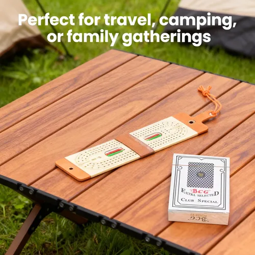 Vista 3 de Foleto Juego de mesa de viaje para cunas – Tablero plegable de cuero de 3 pistas con 6 clavijas y baraja de cartas, cuna de madera portátil para 2-3