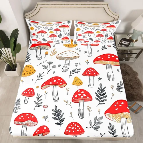 Vista 2 de Erosebridal Juego de sábanas de hongos para niñas, tamaño individual, diseño de hongos de dibujos animados kawaii, plantas botánicas, hojas, sábana
