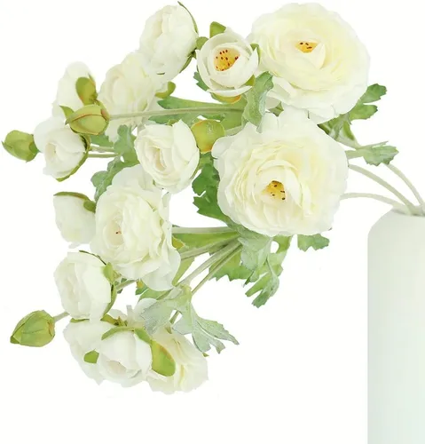 Vista 8 de Htmeing 3 piezas de flores artificiales de ranúnculo flocado, tallos en aerosol para bricolaje, flores de boda, ramos de novia de seda, centros
