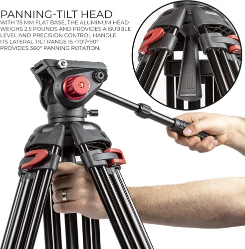 Vista 4 de Ultimaxx Trípode de 72 pulgadas, 72 pulgadas, trípode profesional de doble tubo de aluminio resistente, cabezal de fluido de 360 grados, esparcidor