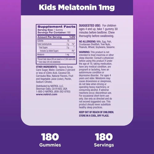 Vista 6 de Natrol Melatonina para niños 1 mg, suplemento dietético para un sueño reparador, gomitas de melatonina para niños, 180 gomitas con sabor a