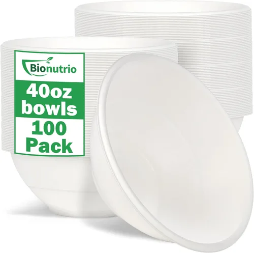 Vista 8 de Cuencos de papel grandes de 32 onzas, paquete de 50 unidades, resistentes, biodegradables y aptos para microondas, cuencos de bagazo ecológicos
