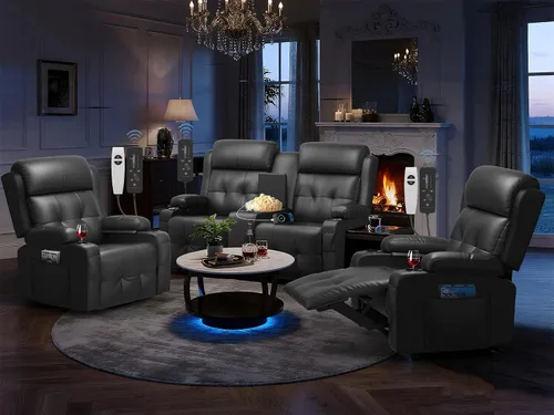 Vista 27 de Sofá reclinable de dos plazas, asientos de cine en casa, sofá reclinable con USB, consola central, sillón reclinable de pared para caravana