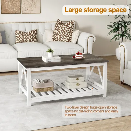 Vista 4 de Mesa de café de granja, mesa de café de roble blanco para sala de estar, mesa de centro rectangular de madera de 2 niveles con estante de listones