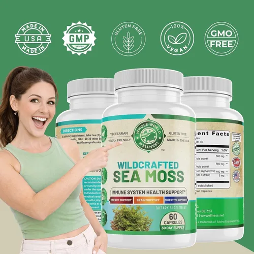 Vista 5 de Musgo marino orgánico Apoyo inmunológico y salud cerebral Vejiga, raíz de bardana y bioperina Todo natural, sin lácteos, sin gluten 60