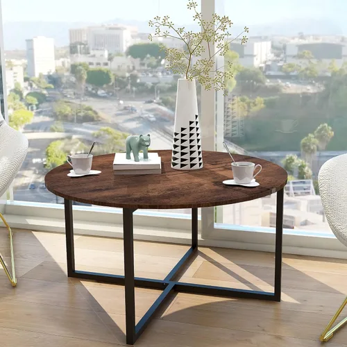 Vista 11 de HOMERECOMMEND - Mesa de centro redonda para sala de estar, color negro y gris Accent Center Table for Living Room Tea Desk with Black Metal Legs