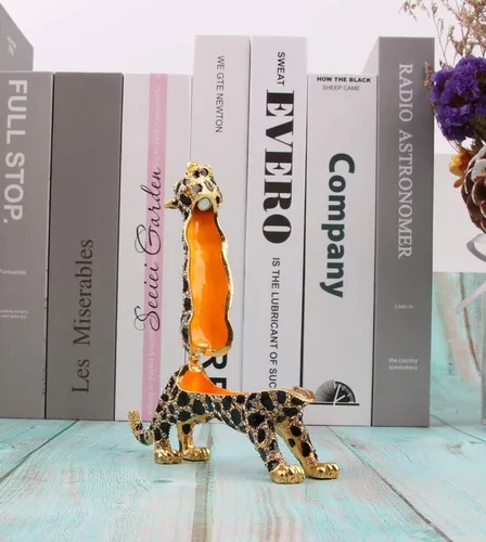 Vista 5 de SEVENBEES Cajas de joyería de leopardo dorado de 24 quilates de 5.7 pulgadas, con bisagras con diseño de elementos de cristal, figura de leopardo