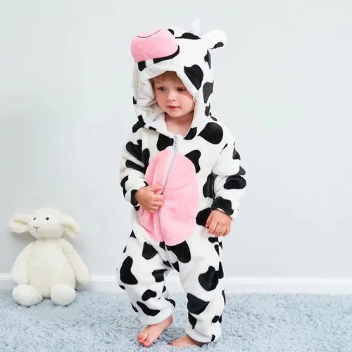 Vista 3 de QIAONIUNIU Disfraz de vaca para bebé para Halloween, mameluco para niños pequeños, rómper para cosplay, de 18 a 24 meses