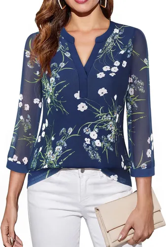 Vista 8 de Timeson - Blusas de manga de 3/4 para mujer, estilo casual, con cuello en V, camisas largas de vestir de doble capa, de malla Negro