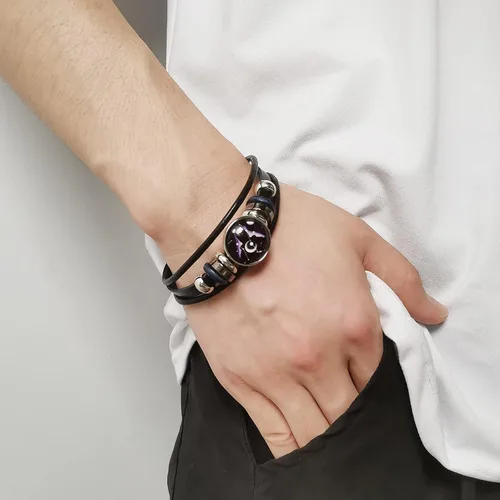Vista 3 de YANCHUN - Collar y pulsera de cuero modernos con 12 constelaciones del zodiaco, astrología, galaxia y luna creciente para hombre y mujer, juego de 2