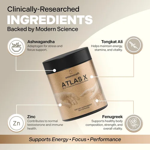Vista 4 de Essencraft Atlas X Suplemento de testosterona para hombres – 10 en 1 potenciador de testosterona natural y refuerzo muscular con Shilajit, zinc
