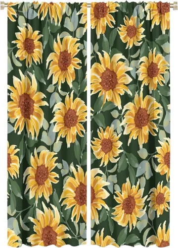 Vista 9 de Cortinas opacas de girasol, diseño natural, de granja, floral, con bolsillo para barra, para ventana, para dormitorio, sala de estar, 42 x 45
