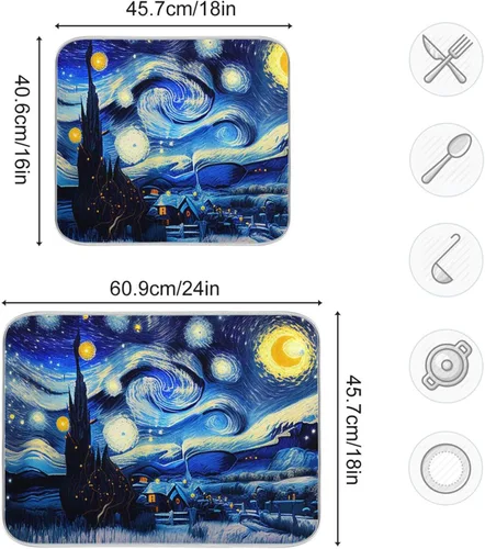 Vista 3 de Vnurnrn Tapete de secado nocturno de platos estilo Van Gogh para encimera de cocina, tapete escurridor de platos de microfibra, absorbente de secado