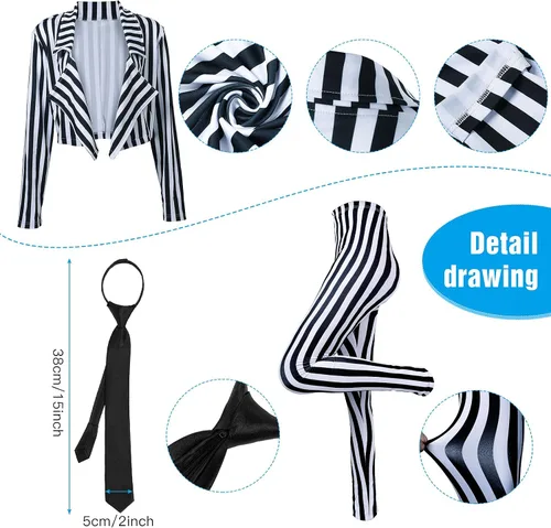 Vista 3 de El kit de rayas verticales blancas y negras para mujer incluye un pantalón largo tipo blazer con lazo, Blanco y Negro