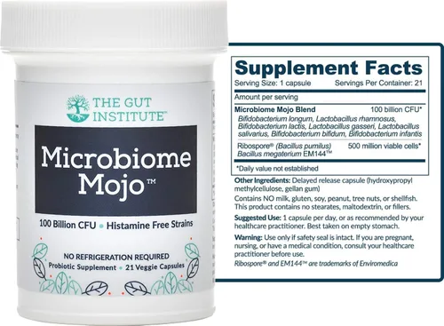 Vista 2 de Microbiome Mojo - Probióticos 2 en 1 de alta potencia, 100 mil millones de UFC más 500 millones de probióticos viables a base de suelo por cápsula