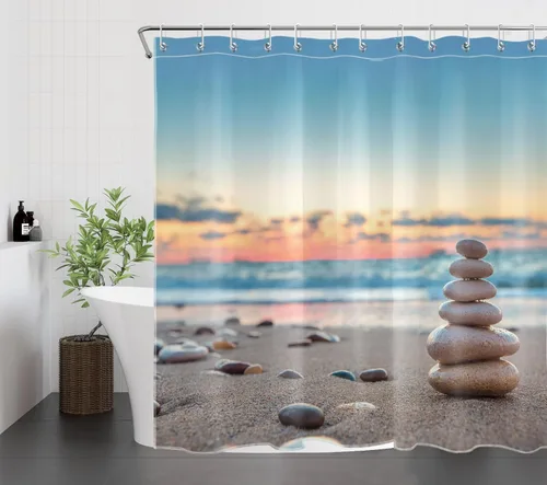 Vista 18 de LB Cortina de ducha asiática de piedra zen, cortina de ducha japonesa para baño, cortinas de baño de tela negra de 48 x 72 pulgadas con ganchos