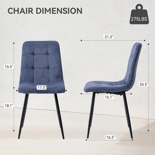 Vista 3 de Juego de 4 sillas de comedor de pana, modernas sillas de cocina tapizadas de tela con patas de metal, almohadillas ajustables, color azul