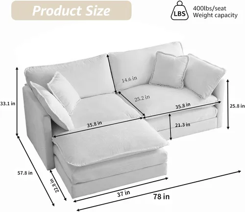 Vista 2 de Sofá modular modular de felpilla beige de 78 pulgadas para sala de estar, sofá modular de dos plazas para sala de estar, 1 otomano, sofá