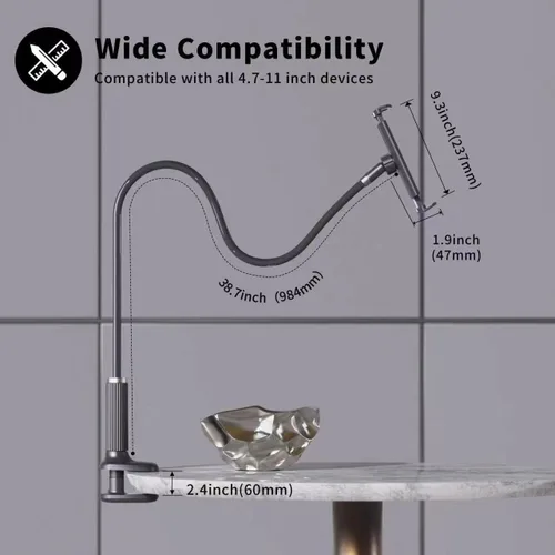 Vista 2 de Niumowa Soporte para tableta de cuello de cisne, brazo ajustable de 38.6 in para cama Fits Kindle, iPad & Phones. 360° gooseneck clamp. Reading in
