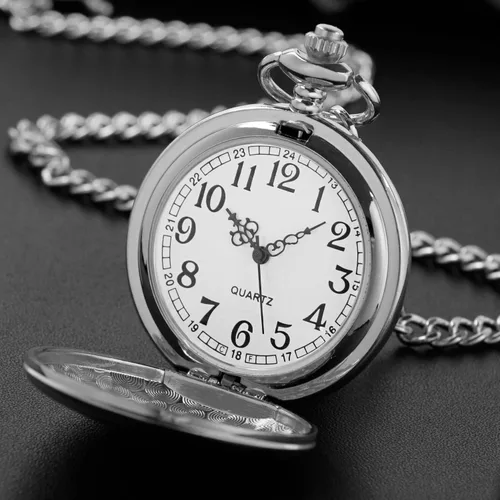 Vista 6 de Smooth Silver Color Reloj de bolsillo de cuarzo para hombre, reloj de bolsillo con escala de números arábigos, reloj de bolsillo de cuarzo