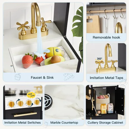 Vista 5 de Cocina de Juego para Niños, Juego de Cocina de Madera con Accesorios Realistas, Cocina de Lujo para Niños Pequeños, Campana Extractora