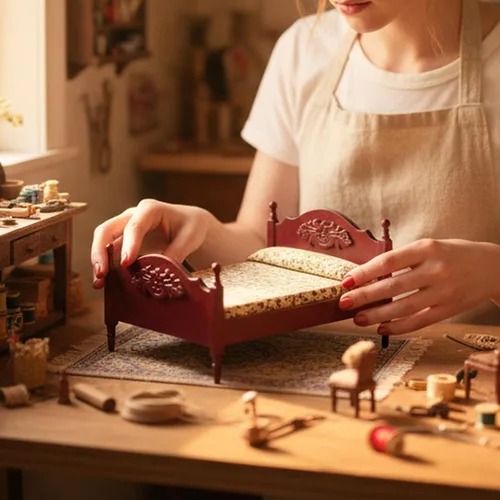 Vista 7 de Muebles en miniatura para casa de muñecas, cama de madera con tela, colchón y almohada, escala 1/12, decoración de muebles para casa de muñecas