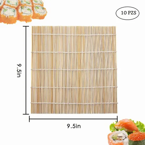 Vista 3 de 10 alfombrillas de bambú natural para sushi de 9.5 x 9.5 pulgadas