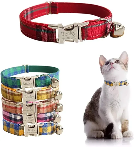 Vista 22 de Collar de gato personalizado con placa de nombre, collares ajustables de nailon resistente para identificación de gato con campana, personaliza