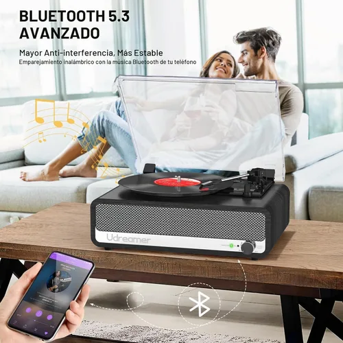 Vista 3 de Vinyl Record Player with Speakers, 3 Speed Turntable with Mirror, Black Negro