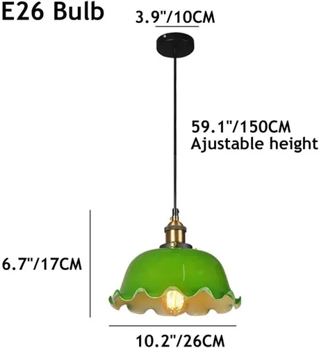 Vista 2 de 10.2in 2 Pack Large Pendant Lights, Nordic Retro Metal Lamp Head Ceiling Hanging Lighting with Green Glass Shade, Adjustable Cord E27/E26 Sockets