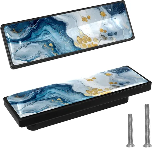Vista 11 de LORVIES Paquete de 4 pomos decorativos de mármol de 3.6 pulgadas para gabinete, vidrio ABS largo rectangular negro, manijas de puerta de cajón