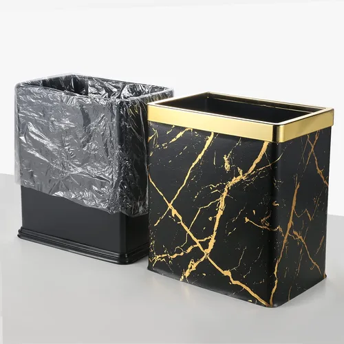 Vista 3 de Basurero pequeño de oficina para dormitorio, papelera rectangular delgada para baño, cocina, 2.6 galones (mármol negro dorado)