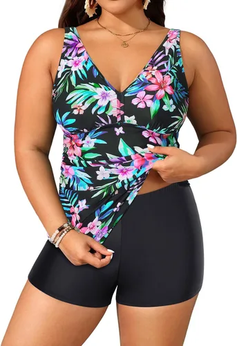 Vista 19 de Yonique Trajes de baño de talla grande para mujer con shorts, control de abdomen, tankini de dos piezas, traje de baño deportivo Aqua y flor azul