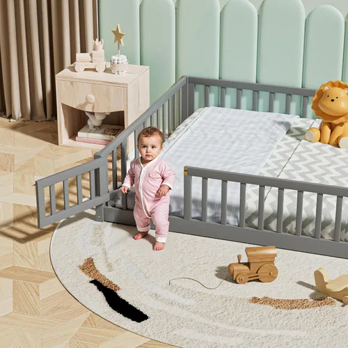 Vista 5 de Cama de plataforma de suelo tamaño Queen con barandillas y puerta en forma de valla, marco de cama de madera maciza con 7 listones de soporte, marco