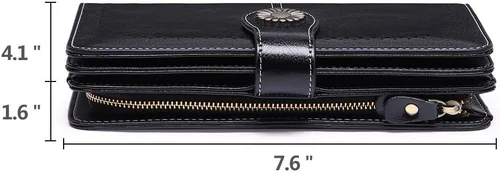 Vista 9 de Cartera de cuero genuino para mujer con correa, 24 ranuras para tarjetas, 2 compartimentos para tarjetas de identificación, ventanas para efectivo