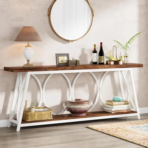 Vista 10 de Tribesigns Mesa consola extra larga de 70.9 pulgadas, mesa de sofá industrial detrás del sofá con estante de almacenamiento de 2 niveles, mesa