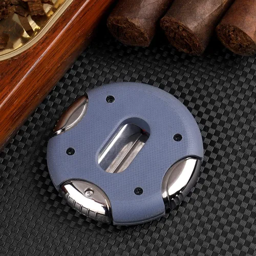 Vista 4 de KEENSUN Cortador de puros redondo G10 corte en V (azul), calibre de 60 anillos, diseño ergonómico con bloqueo seguro, juego de 2 unidades con caja