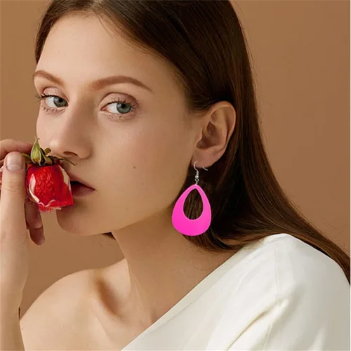 Vista 3 de Aretes ovalados de neón para mujer, únicos, retro, acrílicos, ligeros, de los años 70, 80, 90, lágrima, huecos, colgantes, aretes de gota